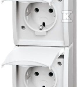 Gniazdo SCHUKO podwójne ze wstępnym okablowaniem z klapką stopień ochrony: IP44 pionowy Ocean biały alpejski 20-02 EW-54 2CKA002084A0710