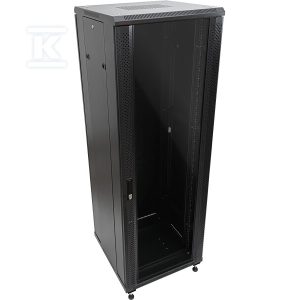 Szafa serwerowa 27U 600×1000, drzwi przednie szklane, drzwi tylne stalowe perforowane, zamek, 4 belki nośne, 4 regulowane stopki, do samodzielnego montażu, kolor czarny Q-LANTEC SS-27U-600-1000-01-C Szafa serwerowa 27U 600×1000, drzwi przednie szklane, drzwi tylne stalowe perforowane, zamek, 4 belki nośne, 4 regulowane stopki, do samodzielnego montażu, kolor czarny Q-LANTEC SS-27U-600-1000-01-C