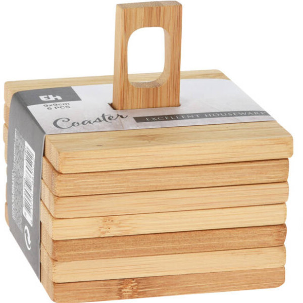 Podkładki pod kubek na stojaku, 6 sztuk, 10 x 10 cm, bambus 80517