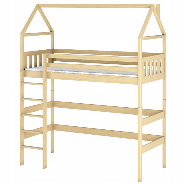 Pojedyncze łóżko na antresoli w kształcie domku GLORIA 90x180 sosna 861346