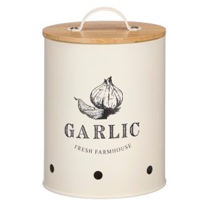 Pojemnik na czosnek kremowy żelazny bambusowa pokrywka 849685 Pojemnik na czosnek kremowy żelazny bambusowa pokrywka 849685