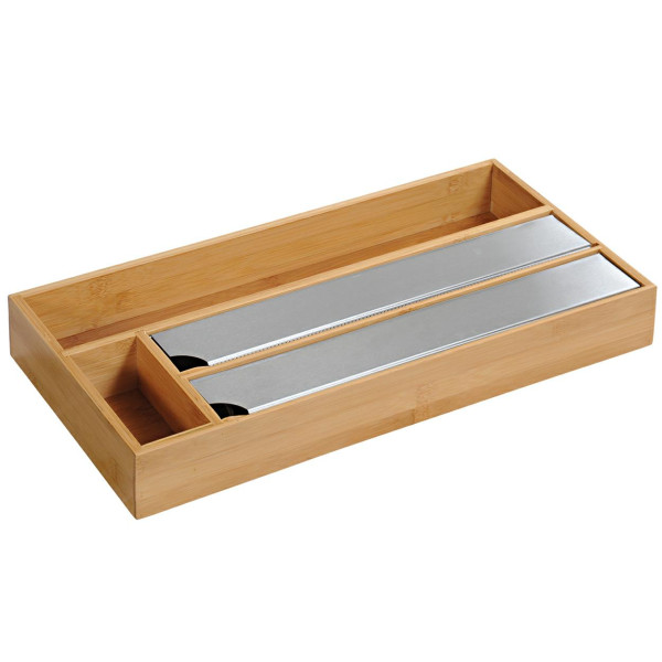 Pojemnik na folię kuchenną 4-komorowy nowoczesny stal bambus 42x19x5,4 cm 676573