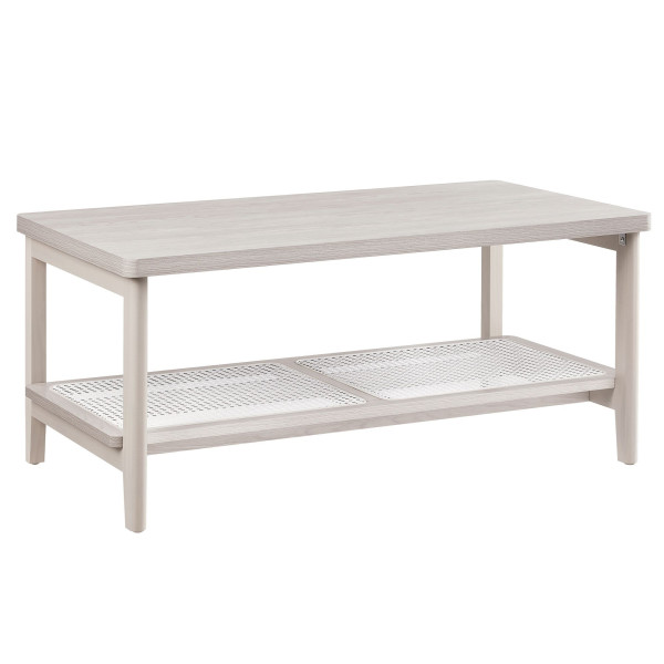 Stolik kawowy beżowy z rattanową półką zaokrąglone rogi 100x55x45 cm boho 646081