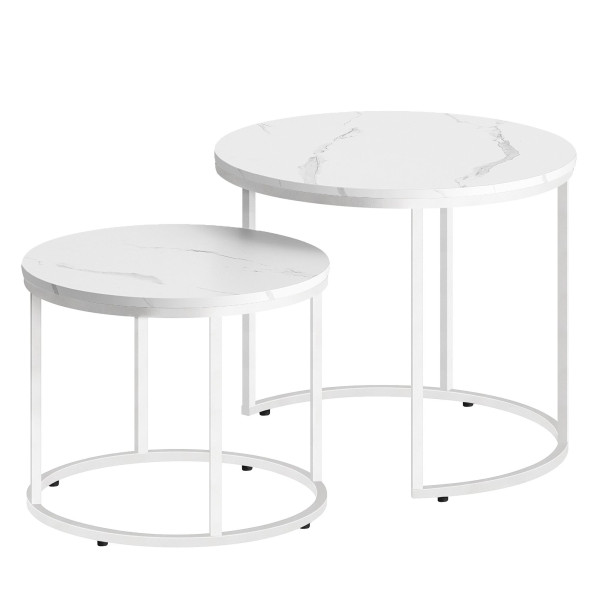 Stolik kawowy okrągły 2 szt marmur białe nogi 53/43 cm zestaw salon 1011419