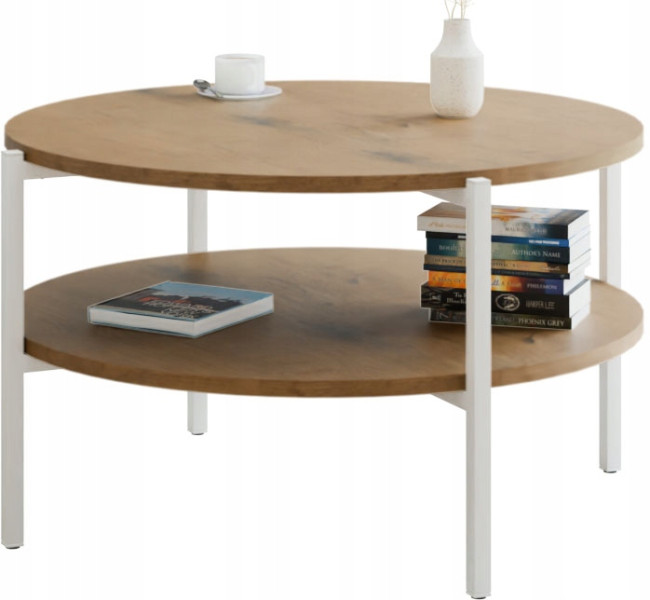 Stolik kawowy okrągły loft z półką 75x75x46 cm metalowy biały 993839