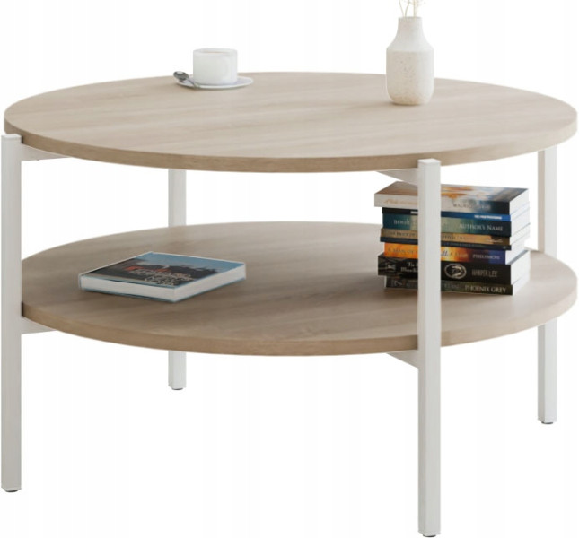 Stolik kawowy okrągły loft z półką 75x75x46 cm metalowy biały 993844