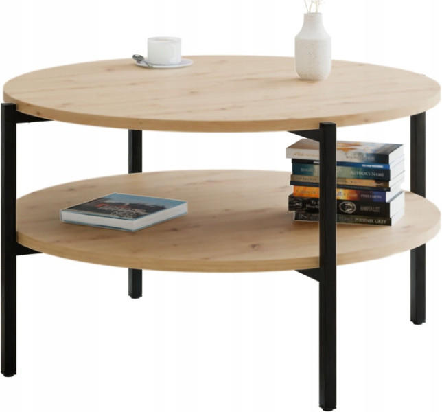 Stolik kawowy okrągły loft z półką 75x75x46 cm metalowy czarny 993855