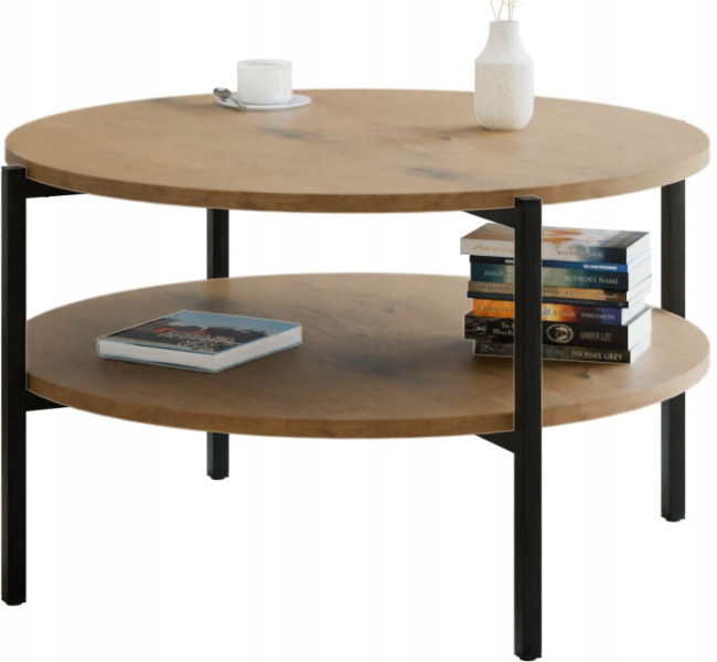 Stolik kawowy okrągły loft z półką 75x75x46 cm metalowy czarny 993793