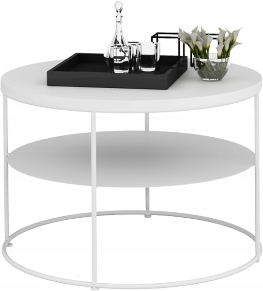 Stolik Kawowy Okrągły z Półką Loft Salon 55x55x37 Biały+Biały Mat 856159