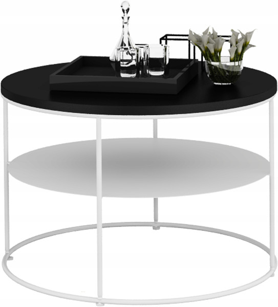 Stolik Kawowy Okrągły z Półką Loft Salon 55x55x37 Biały+Czarny MiniPearl 856133