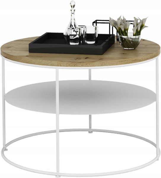 Stolik Kawowy Okrągły z Półką Loft Salon 55x55x37 Biały+Dąb Artisan 856173