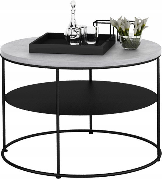 Stolik Kawowy Okrągły z Półką Loft Salon 55x55x37 Czarny+Beton Jasny 856095