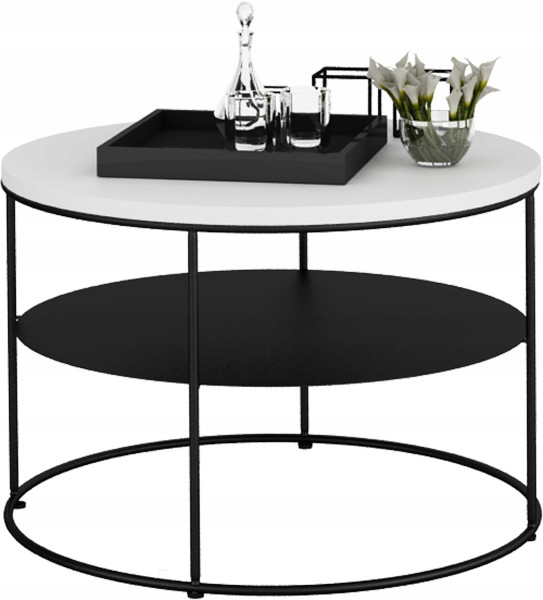 Stolik Kawowy Okrągły z Półką Loft Salon 55x55x37 Czarny+Biały Mat 856180