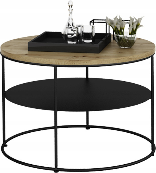 Stolik Kawowy Okrągły z Półką Loft Salon 55x55x37 Czarny+Dąb Artisan 856108