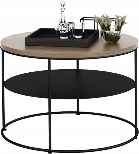 Stolik Kawowy Okrągły z Półką Loft Salon 55x55x37 Czarny+Dąb Lancelot 856192