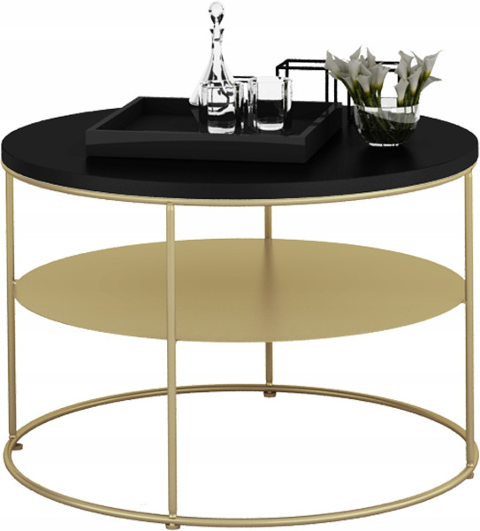 Stolik Kawowy Okrągły z Półką Loft Salon 55x55x37 Złoty+Czarny MiniPearl 856090