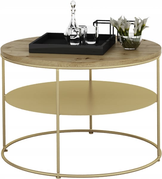 Stolik Kawowy Okrągły z Półką Loft Salon 55x55x37 Złoty+Dąb Artisan 856129