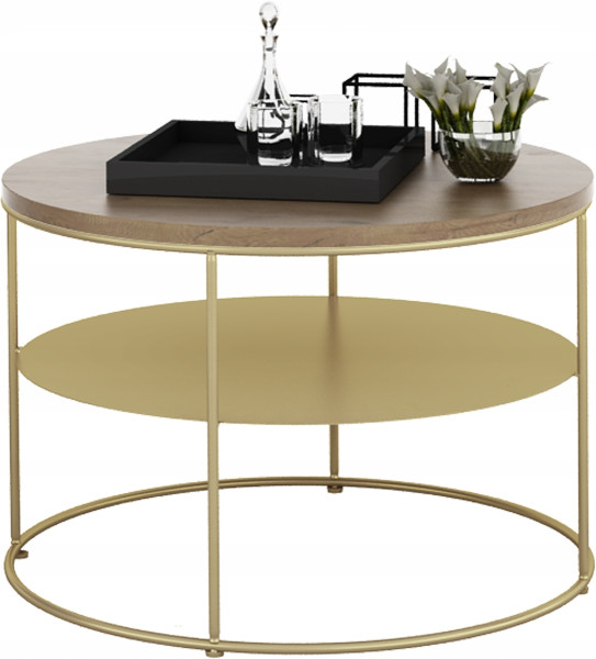 Stolik Kawowy Okrągły z Półką Loft Salon 55x55x37 Złoty+Dąb Lancelot 856106