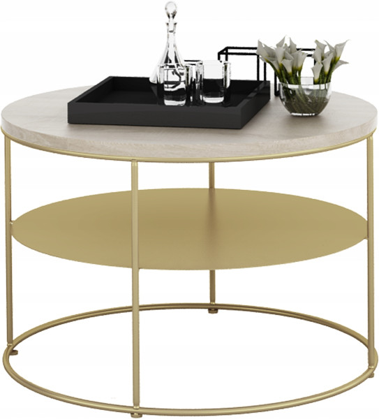Stolik Kawowy Okrągły z Półką Loft Salon 55x55x37 Złoty+Dąb Sonoma 856110