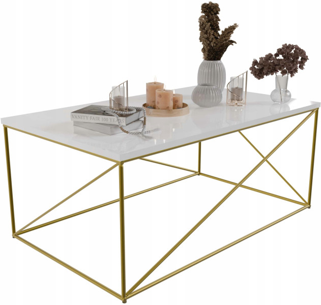 Stolik Kawowy Prostokątny Z Drutu Nowoczesny Salon Loft Złoty+Biały Połysk 853018