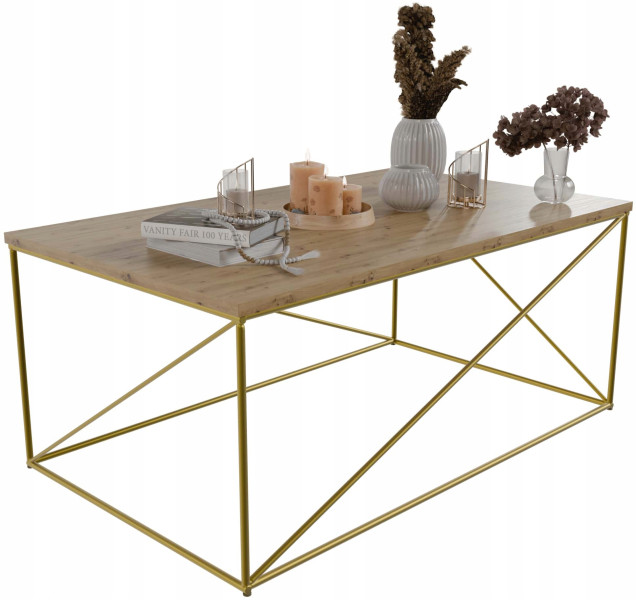 Stolik Kawowy Prostokątny Z Drutu Nowoczesny Salon Loft Złoty+Dąb Artisan 852977