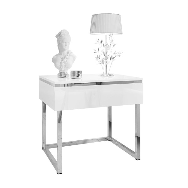 Stolik nocny AURORA SILVER na srebrnym stelażu, biały połysk 849056