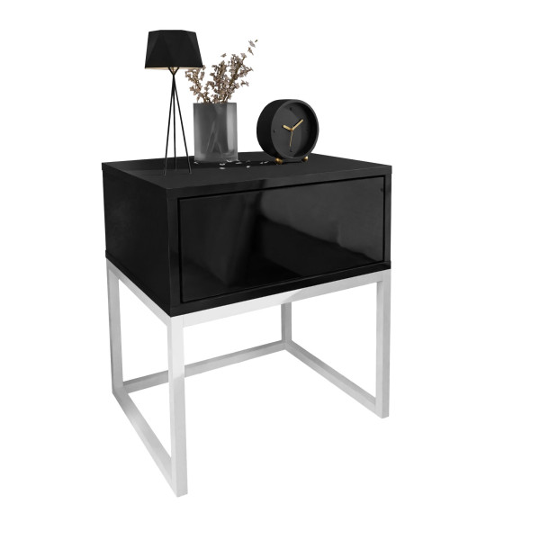 Stolik nocny BLANCO LOFT biały stelaż/czarny połysk push open 96870