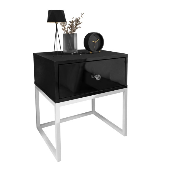 Stolik nocny BLANCO LOFT biały stelaż/czarny połysk uchwyt kryształ 96862
