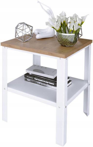 Stolik Nocny Skręcany Z Półką Loft Sypialnia 40x40x45 Biały+Dąb Lancelot 913361