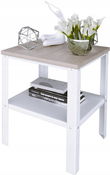 Stolik Nocny Skręcany Z Półką Loft Sypialnia 40x40x45 Biały+Dąb Sonoma 913356