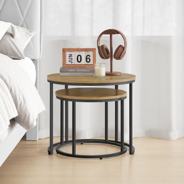 Stoliki kawowe loftowe zestaw stolików okrągłe 53x45 i 43x35 cm dąb 250291
