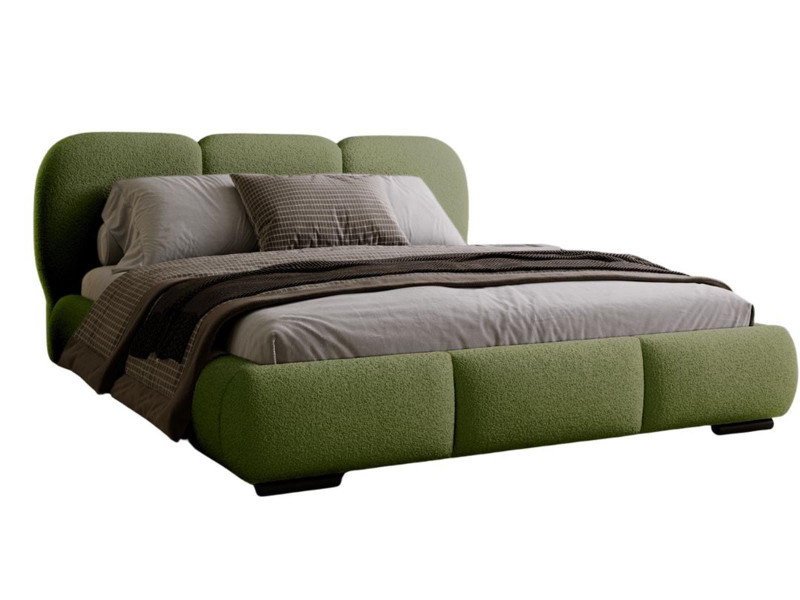 Stylowe łóżko tapicerowane w kolorze oliwkowym tkanina boucle COSE 993245