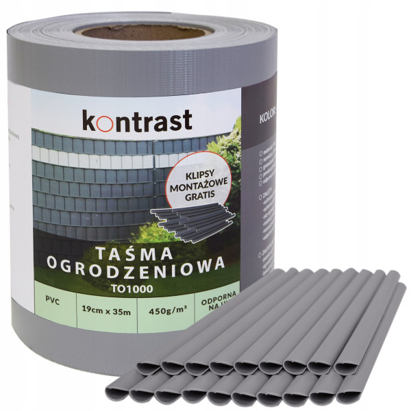 Taśma ogrodzeniowa osłona płot panel UV 450g 19cm x 35m klipsy szara TO1001 868878